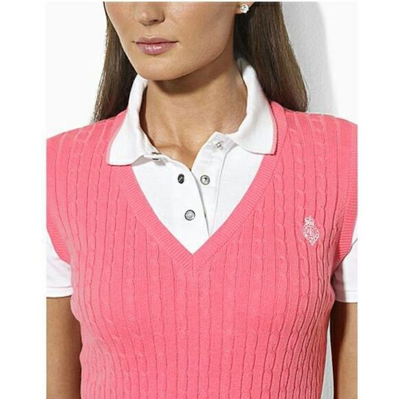 New! RALPH LAUREN Crested Logo Cable Knit Polo Top Pink Size Small 100% Cotton - Picture 2 of 3